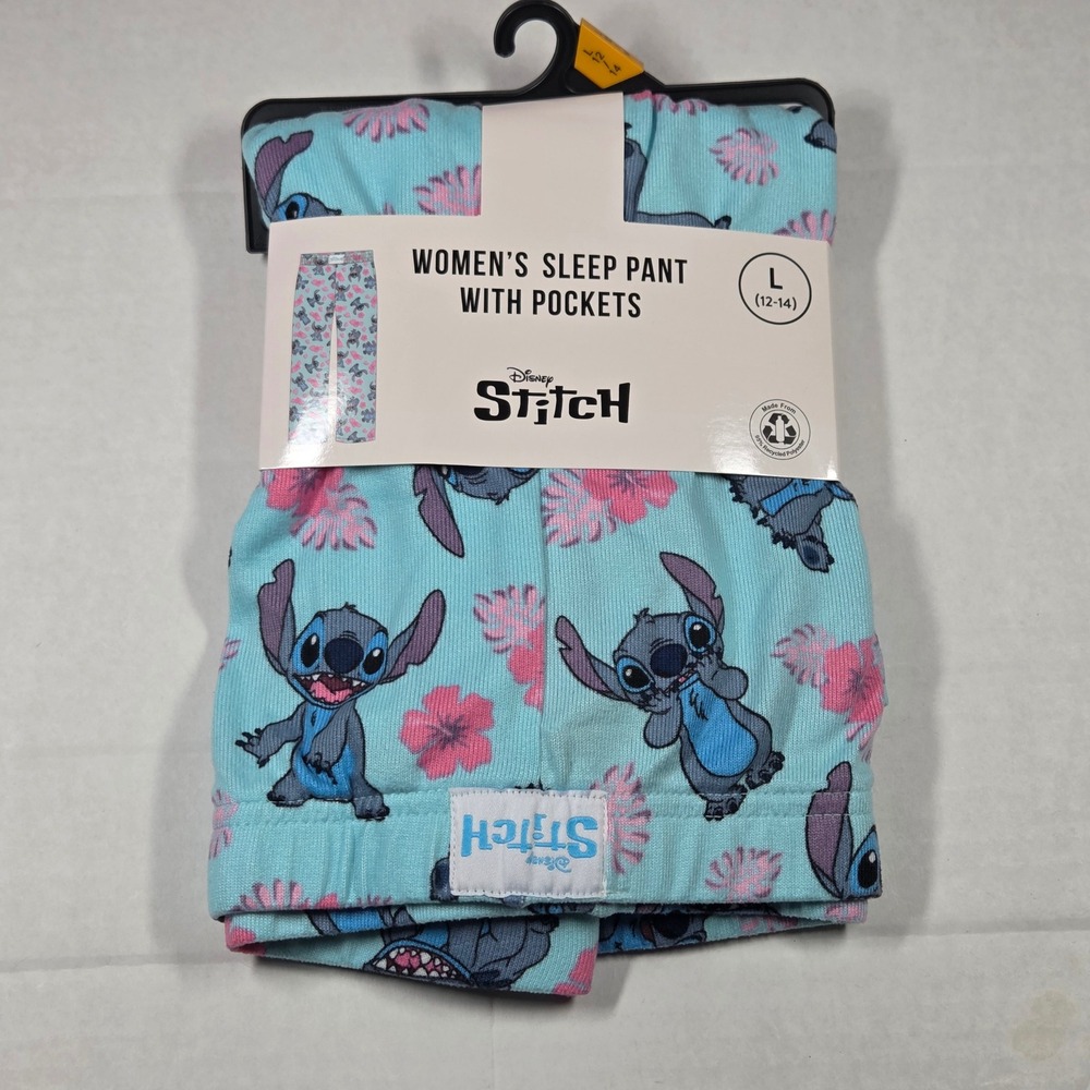 Disney Stitch Womens Sleep Pants Pockets Blue Tropical Pajamas Large 12-14